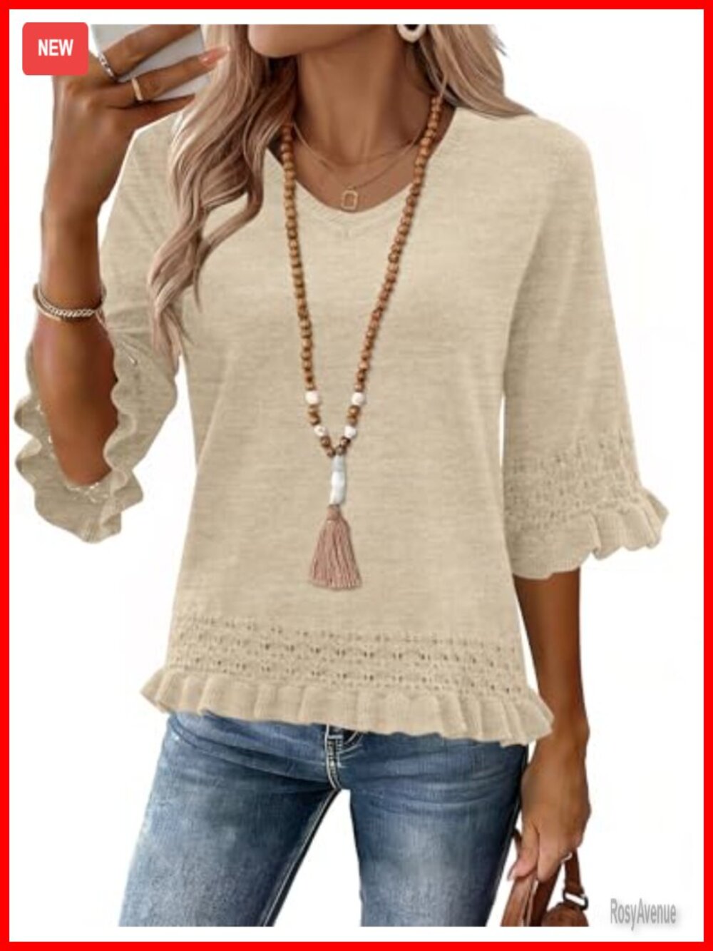 Womens Peplum Sweater V Neck 3/4 Sleeve Pullover Lace Trim Casual Top
